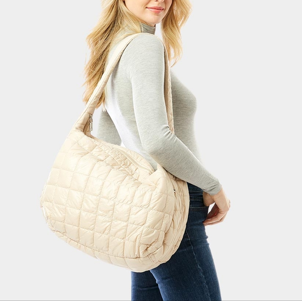 Beige Puffer Hobo Bag Purse Quilted Shoulder Womens Fashion Accessory Statement - Picture 1 of 3